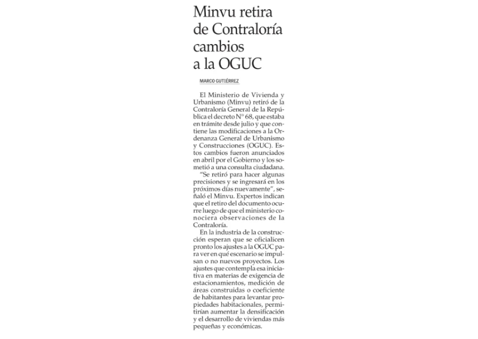 Minvu retira de Contraloría cambios a la OGUC